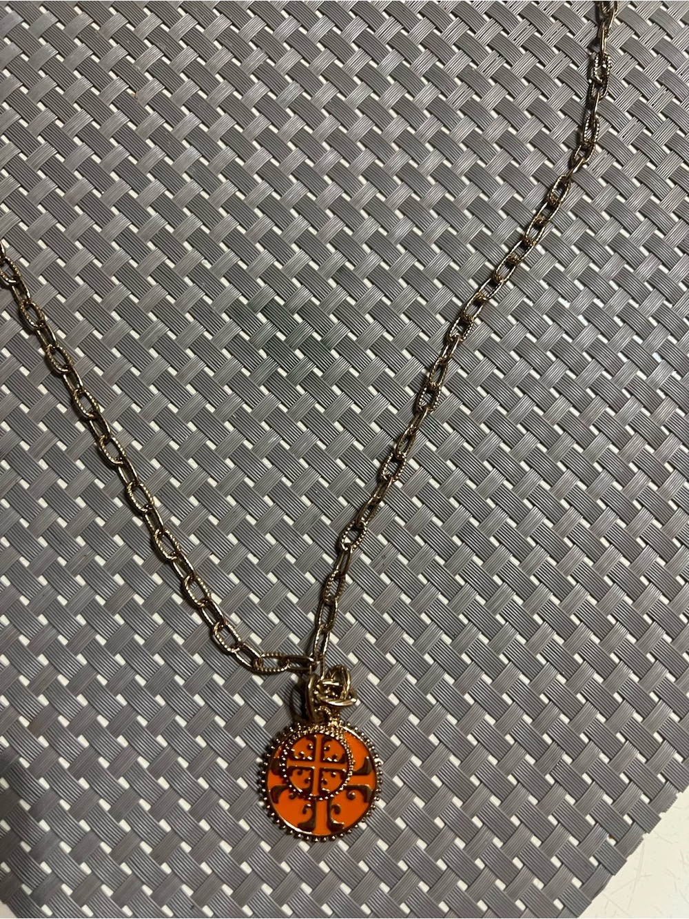 Gold-Tone Necklace with Orange Enamel Medallion